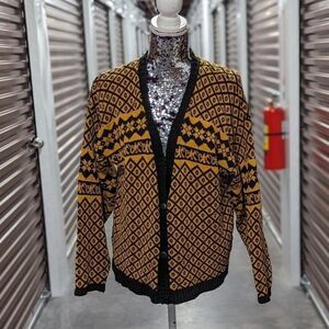 Vintage Yellow‎ & Black Fair Isle Print Button Front Knit Cardigan Cottagecore